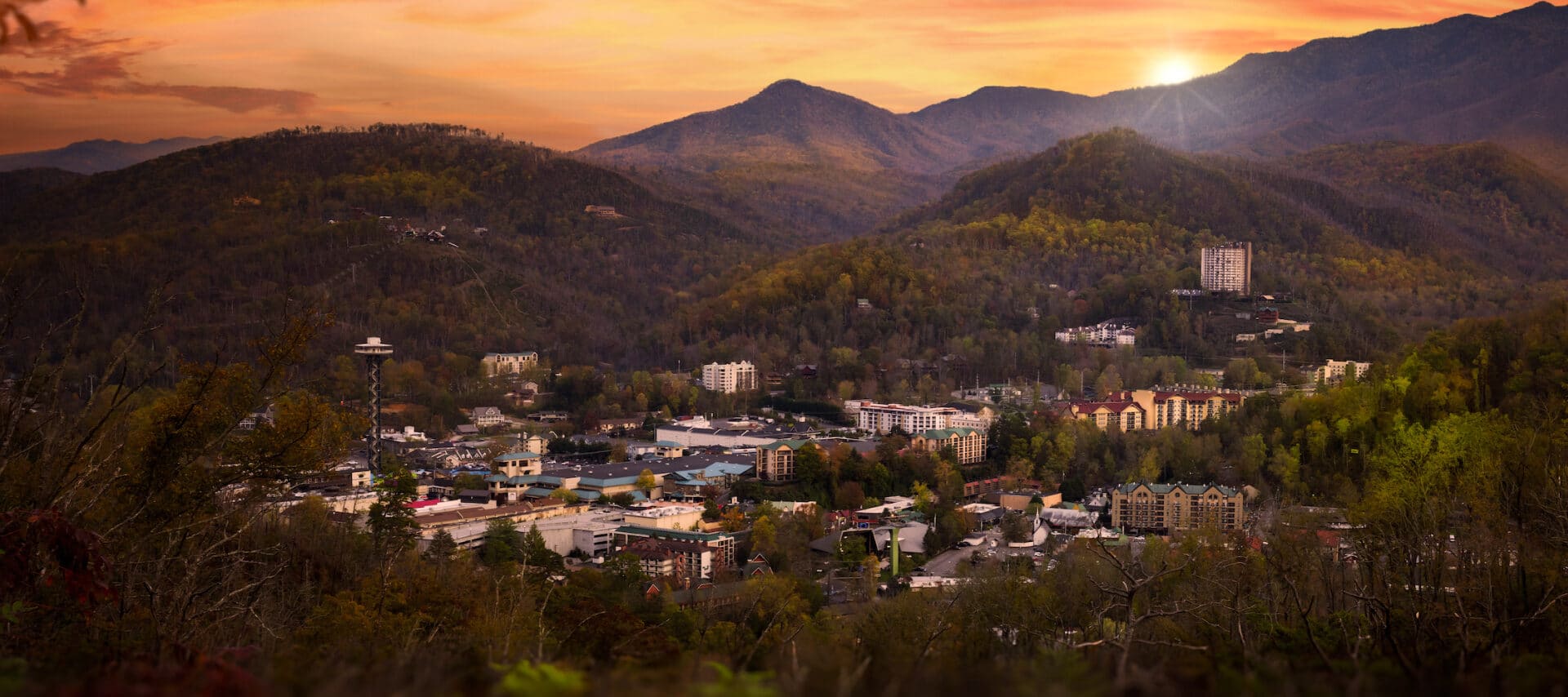 Sunset over a mountain valley